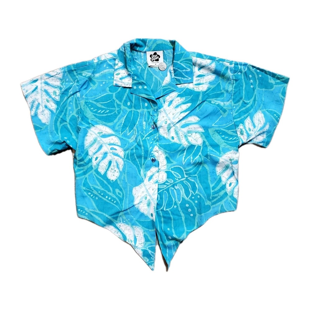 Hilo Hattie Women's Hawaiian Crop Top Tie‎ Front Shirt Medium Blue Retro USA